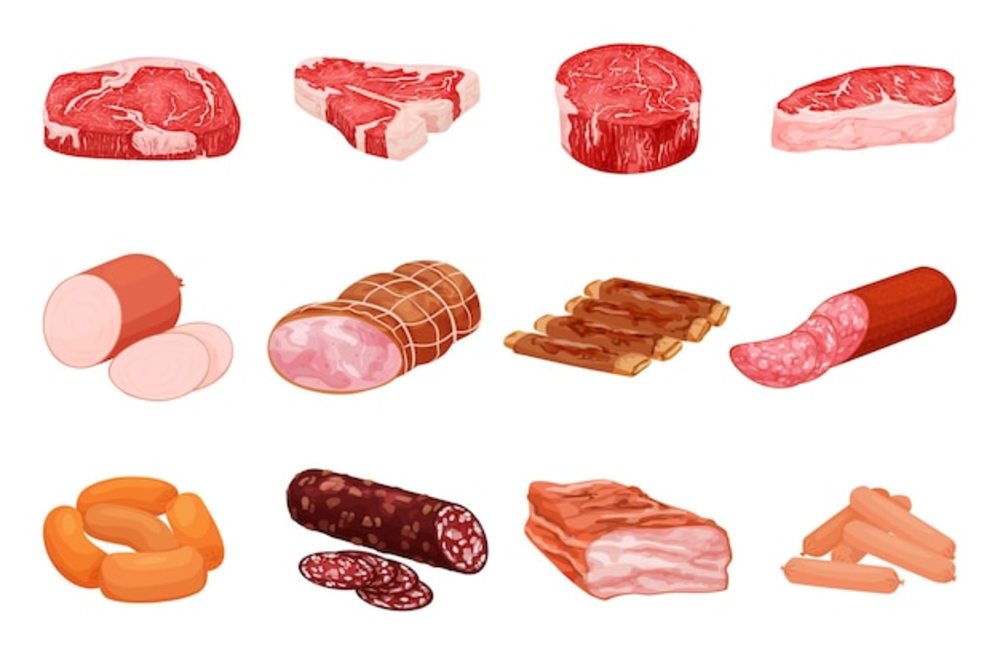 肉制品平面设置与生牛排香肠和培根的孤立图像在空白背景向量例证